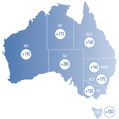 Australian map with hiring outlook statistics per state